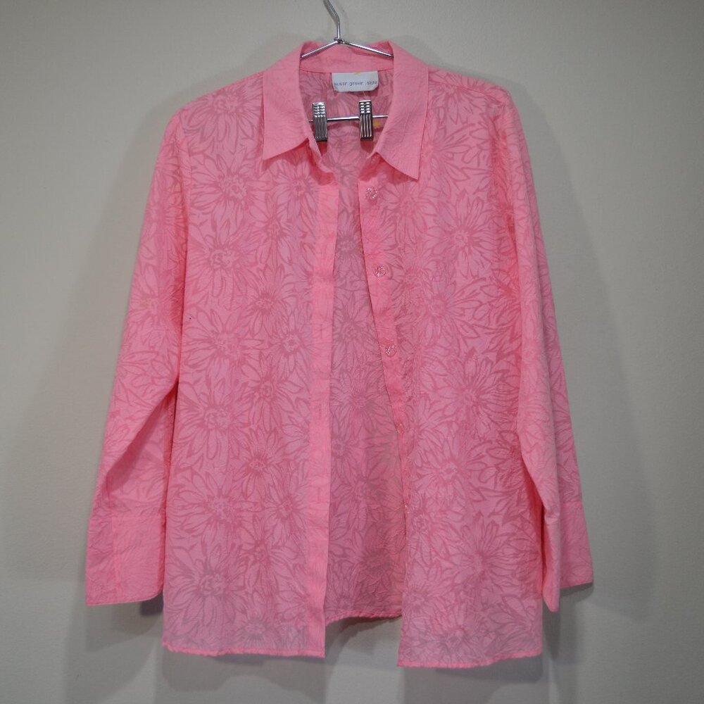 Susan Graver Womens Pink Floral Print Button Down Career Casual Pink Blouse